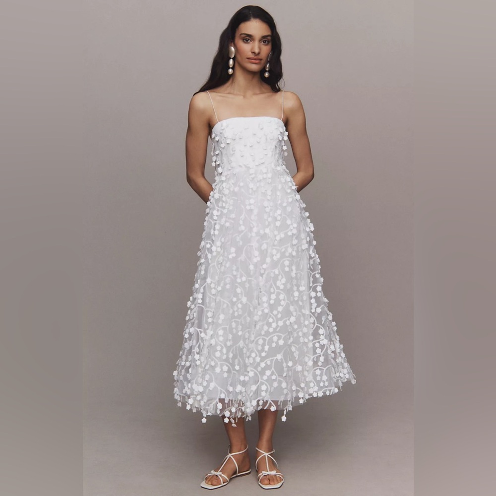NWT BHLDN Strapless 3D Floral Vine Fit & Flare Midi Wedding Bridal White Dress 4